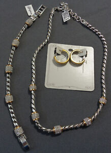 3 Piece Set NEW Brighton Meridian Two Tone Necklace Bracelet Hoop Earrings