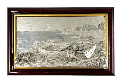 Italian Wood Sterling Silver Foil Bas Relief Dory Fishing Boat Beach Jewelry Box - Image 1 of 4