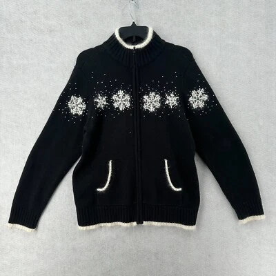 Quaker Factory  Zip Cardigan Sweater MEDIUM Snowflakes Angora Wool Blend Black - Image 1 of 4