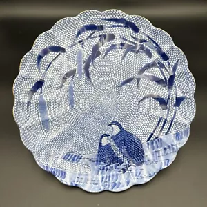 ARITA BLUE CHINESE QUAIL SCALLOPED DINNER PLATES 12 1/4" BLUE & WHITE BIRDS - Picture 1 of 8