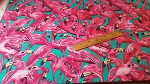Shamash & Sons Pink Flamingo Bird Fabric Pink Yellow 100% Cotton 25" x 42" - Picture 1 of 7