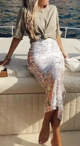 ZARA White Sequin Pencil Skirt M Evening Festive Disco Festival New Year outfit - Picture 1 of 18