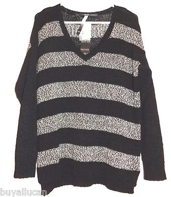 Kensie Women Sweater Black Marled Long Sleeve V-Neck Striped Medium Size - Image 1 of 2