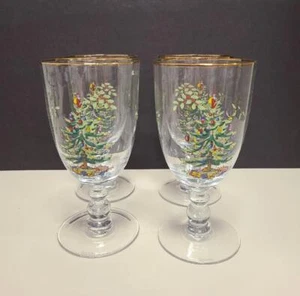 Set 4 calici acqua Spode albero di Natale 7"" piedistallo vetro bordo oro 16 oz - Foto 1 di 1