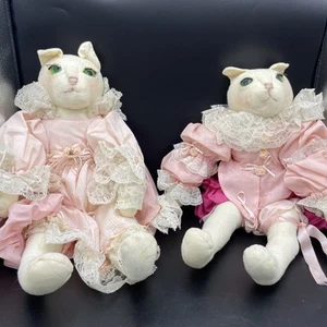 Vintage Handmade Cats Plush White Green Eyes In Victorian Dress Pink 90s READ - Picture 1 of 10
