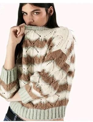 ZARA Womens Sweater Size S Wool Alpaca Blend Chunky Striped Warm Knit Crop - Image 1 of 4