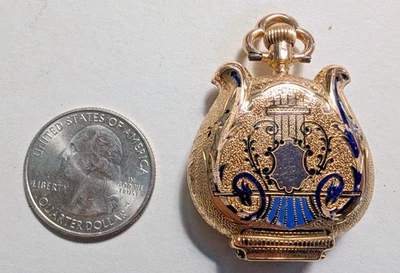 Reloj Bolsillo Damas Marchand & Sandoz 18K y Forma Lira Esmaltada, Funcionando Foto 1 de 4