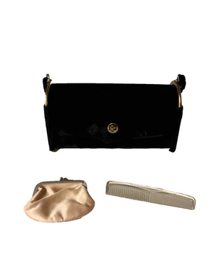 RARO 40s “Graceline Master Purse” Mid-Century bolso de terciopelo negro bolso de mano + moneda Foto 1 de 4