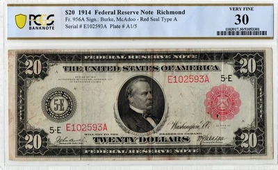 1914 $20 Federal Reserve Red Seal  Note Richmond.Fr.956A PCGS-30 - Image 1 of 2