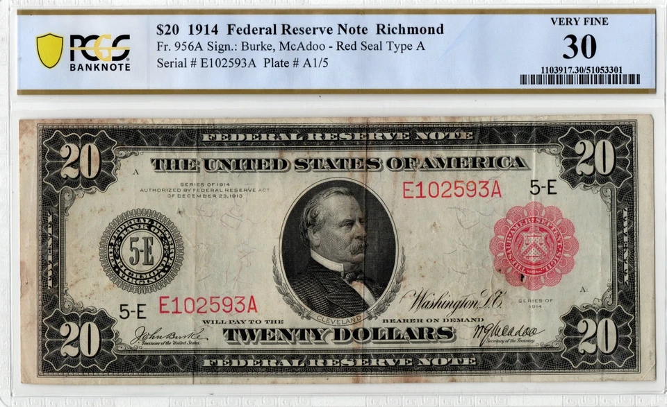 1914 $20 Federal Reserve Red Seal  Note Richmond.Fr.956A PCGS-30 - Image 1 of 2