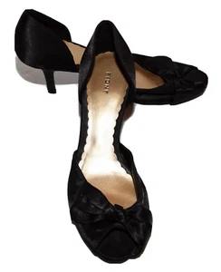 Fioni Black Satin Fabric Bow on Peep Toe Open Sides Slip on Heels Size 6W - Picture 1 of 11