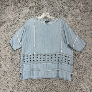 APNY Chambray Blouse Top Women's S Blue Studded Boho Hippie Fringe Lyocell - Picture 1 of 12