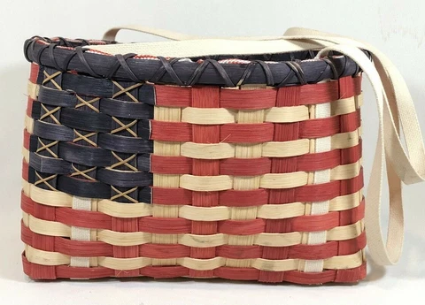 Patriotic Woven Basket with Handles, Red, White, and Blue, 13" x 11" x 8" Cover