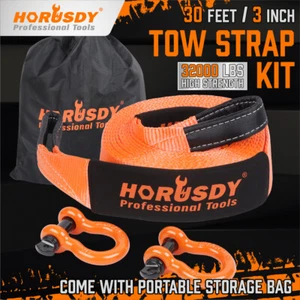 Nylon Tow Strap Heavy Duty w/ Hooks 3" x 30Ft 32,000LBS 2X 3/4" D Ring Shackles