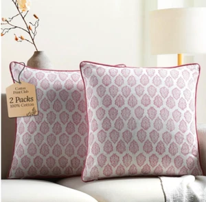 2 Baumwolle Überwurf Kissenbezüge 20x20 Zoll Rosa Gänseblümchen Blockdruck Muster Set - Bild 1 von 5