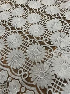 Wedding White Sparkly Embroidery Sequined Lace Fabric. BTY - Picture 1 of 6