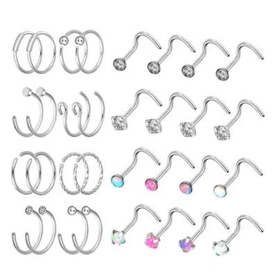 32pcs Opal CZ Screw Studs Surgical Steel Nose Hoop Rings Piercing Jewelry 20G - Image 1 of 4