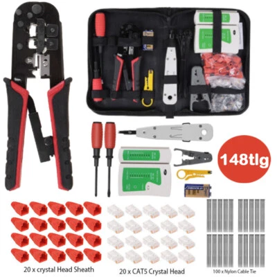 148x Netzwerk Reparatur Werkzeug Set Crimpzange RJ45 Stecker UTP Netzwerktester - Bild 1 von 4