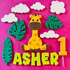 EDiBLe 5.25inch BaBY GIRAFFE BiRTHDaY CaKe ToPPeRS Name Letters Age Set FONDANT - Picture 1 of 9