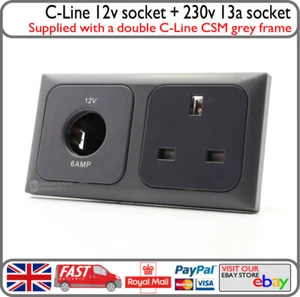 Grey C-Line 12v Round Cigarette Type Socket w/ 230v 240v 13a Mains Motorhome VW - Picture 1 of 7
