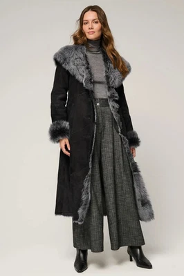 Women's Black Shearling Long Coat - 100% Real Suede Fur Lined Winter Warm Coat - Image 1 of 4