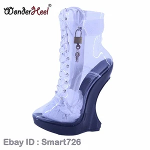 18cm Wedges Platform Clear Lockable Padlocks Women Lace Up Ankle Boots Shoes - Picture 1 of 14