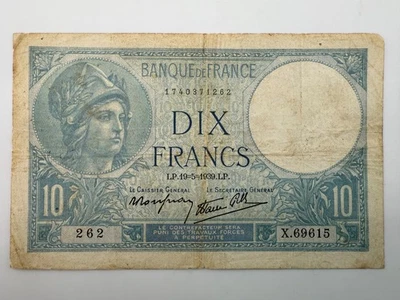1939 France 10 Francs (Minerve type 1915 modificated) P84 Banknote SPC908 - Image 1 of 3