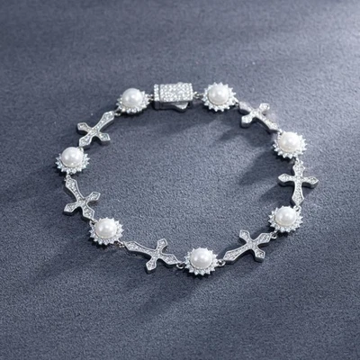 Real Round Moissanite Cross Pearl Bracelet Chain 925 Sterling Silver Hip Hop GRA - Image 1 of 4