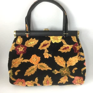 Vintage Julius Resnick Handtasche Tasche Samt Gobelin Blumen schwarz rost gelb - Bild 1 von 6