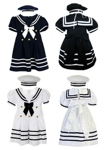NEW BABY GIRL & TODDLER SAILOR NAUTICAL CRUISE FORMAL OUTFITS DRESS NAVY - Picture 1 of 13