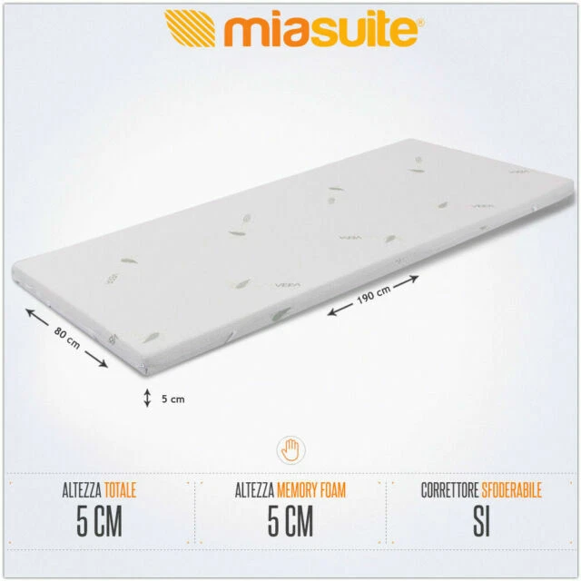 MiaSuite H5 80x190cm Topper per Materasso Singolo con Rivestimento Sfoderabile - Beige