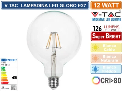V-TAC VT-2143 LAMPADINA LED A FILAMENTO ATTACCO E27 12W GLOBO G125 1521 LUMEN - Immagine 1 di 2