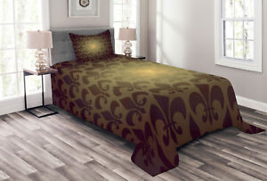 Brown Quilted Bedspread & Pillow Shams Set, Royal Flower Figure Print