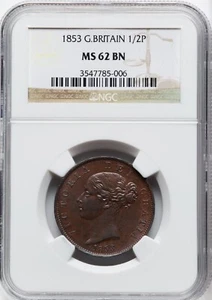 Great Britain - 1853 Victoria Half Penny - NGC MS62BN - GORGEOUS COLOR! - Picture 1 of 2