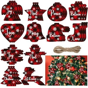 36 Pieces Christmas Buffalo Plaid Ornaments Christmas Tree Wooden Hanging Dec... - Picture 1 of 7
