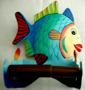 Metal TOILET PAPER HOLDER Whimsical Tropical Fish Motif *BONUS Wall Stickers EUC - Picture 1 of 6