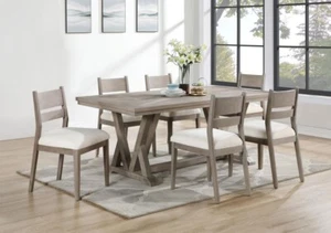 7 PC COASTAL GREY FARMHOUSE DINING TABLE GREY 6 CHAIRS DINING ROOM FURNITURE SET - Picture 1 of 15