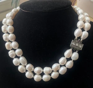 Natürliche 2-reihige 11-12 mm Reis Barock weiße Süßwasserzuchtperlen Halskette 18 Zoll - Bild 1 von 6