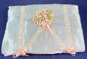Blue Pink Silk Rosette Lace Trim Boudoir Lingerie Handkerchief Hanky Holder VTG - Picture 1 of 3