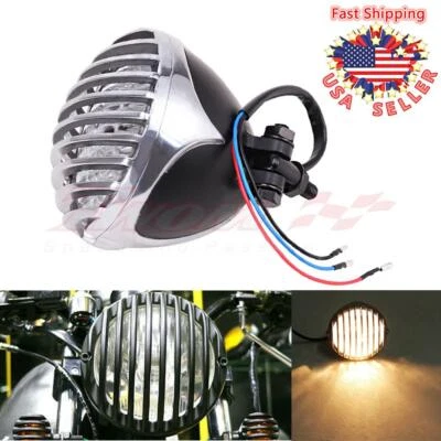 4.5" Motorcycle Scalloped Finned Grill Headlight Lamp For Harley Yamaha Honda US - Image 1 of 4