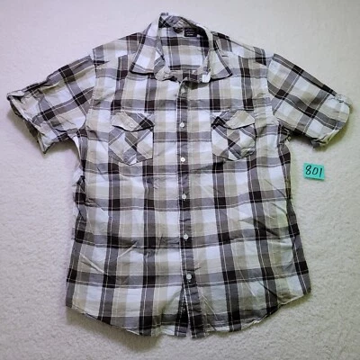 Hang Ten Rolled Cuff Shirt Men's XXL Short Sleeve Button Up Brown Plaid Pockets - Image 1 of 4