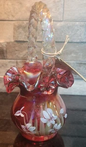 Fenton Art Glass Cranberry Opalescent Flower Ruffled Basket Signed & Numbered - Picture 1 of 11