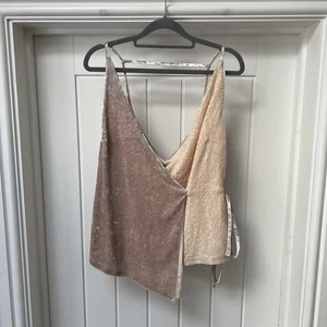 Next Camisole Top Women's UK 14 Beige Sequin Suede V-Neck Vest Party Belted - Picture 1 of 11