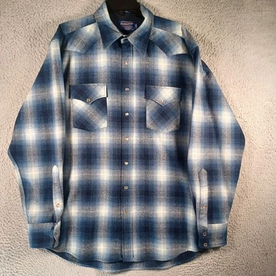 Pendleton Mens Blue Plaid 100% Wool Western Snap Button Shirt Size Large Long - Image 1 of 4