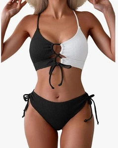 B2prity Women's Sexy Bikini Set Color Block Lace Up 2 Piece Large, Black - Picture 1 of 1