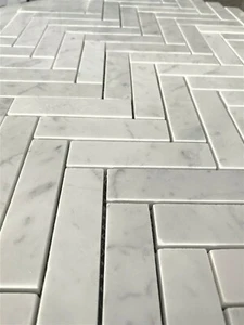 1x Full Sheet Sample : Carrara Marble 24x98mm Herringbone Mosaic - Picture 1 of 2
