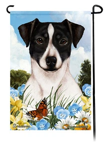 Bandera de jardín con flores de verano - Rat Terrier blanco y negro sin recortar - Imagen 1 de 1