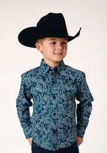 Roper Boys Canyon Paisley Blue 100% Cotton L/S Shirt - Picture 1 of 4