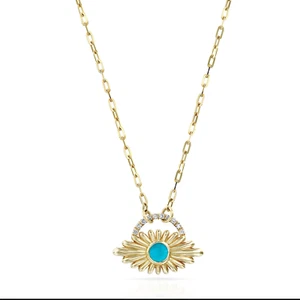 14K Gold VS/F-G Diamant-Türkis Edelstein Unikat Blume Anhänger Halskette-Geschenke - Bild 1 von 3