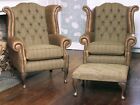 Pair of Queen Anne Wing Back Chairs & Footstool in Harris Tweed & Tan Leather 